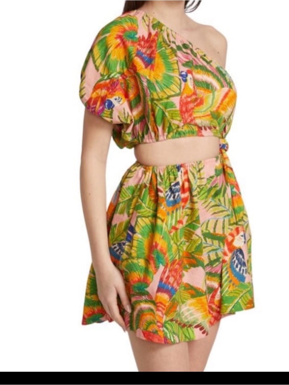 NEW FARM RIO tropical  Print One-Shoulder Mini Skirt - Pink/Green